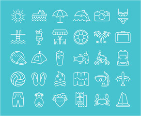 Wall Mural - Set Vector Flat Line Icons Summer