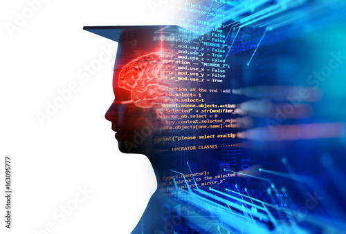 Fotomural 3d rendering of virtual human silhouette on technology background illustration
