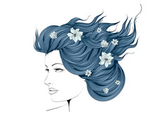 Sketch Of Fashion Style. Girl With Flowers In Her Hair