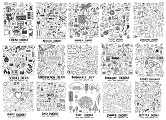 Wall Mural - MEGA set of icon doodles of movie, hospital, summer, food, science, construction, bubble, banking, heart, data, tree, banner, hipster, sport, logistic eps10