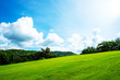 © Pattanan - Green lawn on small hill with blue sky and white cloud in the background on sunny day