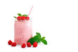 Mug of raspberry smoothie and berries of ripe raspberry on a white background.