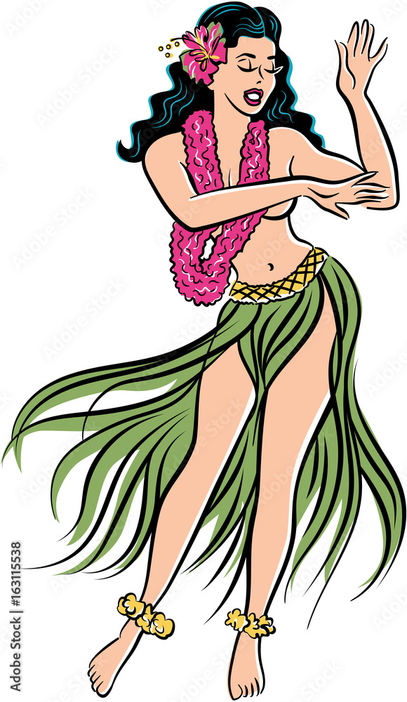 Retro pop art Hawaiian Hula girl dancing in a grass skirt Stock