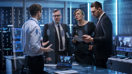Aufkleber - Team of Corporate Managers Having Meeting in Monitoring Room. They're in State of the Art Facility. Computers have Animated Screens.
