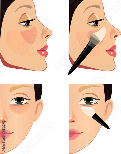makeup of face, problem zone of skin, sponge, brush, face of