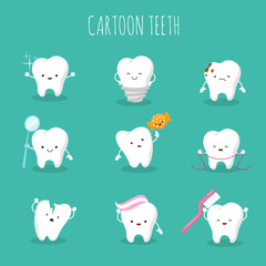 Poster - Cute cartoon tooth vector set. Baby teeth health and hygiene icons