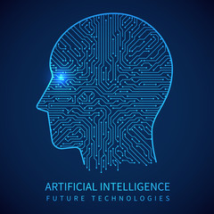 Fototapete - Cyborg head with circuit board inside. Artificial intelligence of digital human vector concept