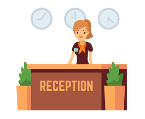 Canvas Print - Bank office or hotel reception with receptionist smiling woman vector illustration