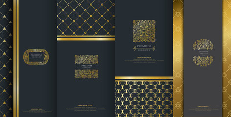 Wall Mural - Collection of design elements,labels,icon,frames, for packaging,design of luxury products.Made with golden foil.Isolated on black background. vector illustration