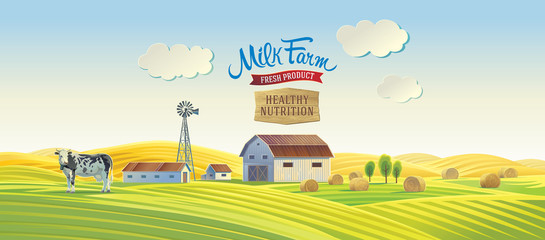 Wall Mural - Decorative farm in cartoon style with a cow and label inscriptions