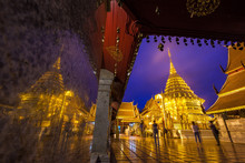Wat Prathat Doi Suthep Temple In Chiangmai Thailand, The Most Famous Temple At Twilight