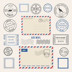 Sticker - Vector illustrations of letters and postmarks, airmail designs. Antique stamps