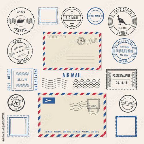 Fotomural Vector illustrations of letters and postmarks, airmail designs