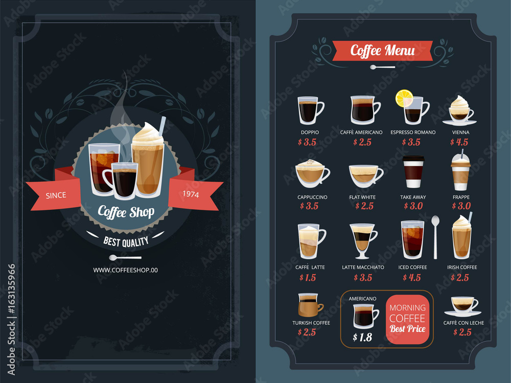 Coffee menu with different types. Cappuccino, macchiato, latte and ...