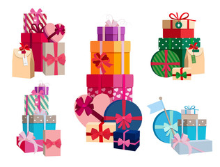 Canvas Print - Array of gifts in different colorful packages with ribbons. Vector set of surprise boxes