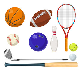 Poster - vector sports equipment in cartoon style. balls, rackets, golf sticks and other vector illustrations
