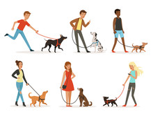 Animal Friendship. Happy People Walking With Funny Dogs. Illustrations In Cartoon Style