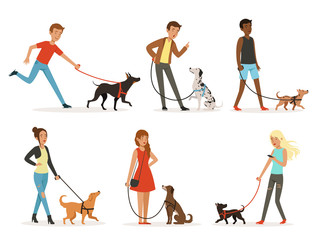 Canvas Print - animal friendship. happy people walking with funny dogs. illustrations in cartoon style