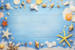Summer concept background, Starfish And Seashell On Blue Plank 