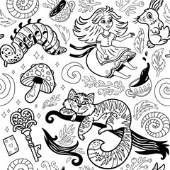 Wall Mural - Fairytale ink background with cartoon characters from Alice in wonderland