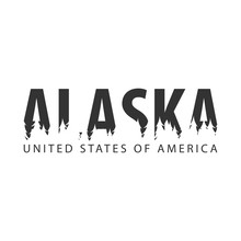 Alaska. USA. United States Of America. Text Or Labels With Silhouette Of Forest.
