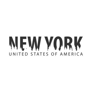 New York. USA. United States of America. Text or labels with silhouette of forest.