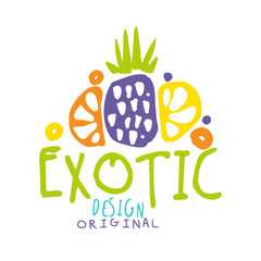 Wall Mural - Exotic logo original design with tropical fruits colorful hand drawn vector Illustration