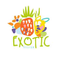 Sticker - Exotic logo design with tropical fruits colorful hand drawn vector Illustration