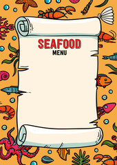 Seafood restaurant menu in cartoon style. Restaurant menu lobster, shrimps snails, sea cabbage and anchor. Hand-drawn illustration on a yellow background. Template. Scroll on a hand-drawn pattern