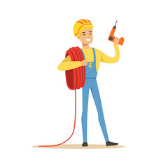 Sticker - Smiling electrician in uniform holding a wire roll and a drill, electric man performing electrical works vector Illustration