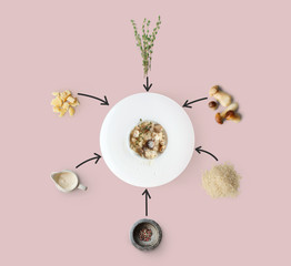 Wall Mural - Cooking ingredients for italian risotto with wild mushrooms isolated on yellow