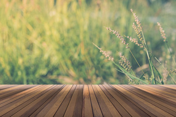 wooden floor and green grass space for your text or object in photo, nature concept