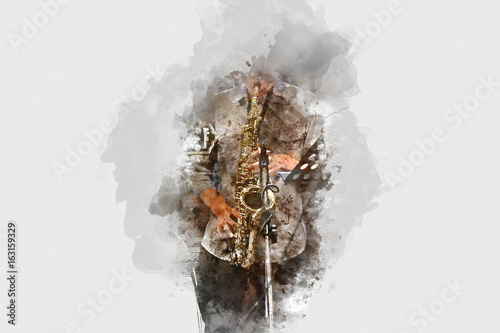 Obrazy Jazz  streszczenie-saksofon-na-pierwszym-planie-zblizenie-akwarelowe-malowanie-jazzowe-grajace-na-saksofonie
