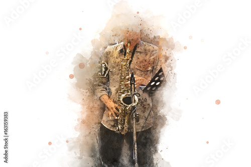 Dekoracja na wymiar  streszczenie-saksofon-na-pierwszym-planie-zblizenie-akwarelowe-malowanie-jazzowe-grajace-na-saksofonie