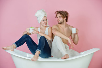 Wall Mural - couple in love of man and woman on bathtub