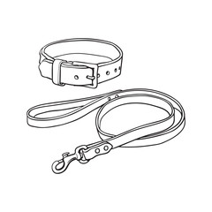 Simple pet, cat, dog buckle collar and leash made of thick brown leather, black and white sketch style vector illustration isolated on white background.