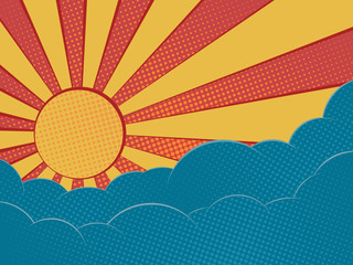 Wall Mural - Orange sun and blue clouds in the style of pop art. Summer sky background.