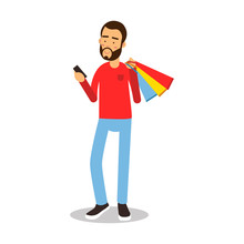 Young Bearded Man In Red Pullover Standing With Shopping Bags And Holding Mobile Phone Cartoon Character Vector Illustration