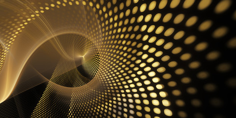 Poster - Abstract background element. Fractal graphics series. Three-dimensional composition of glowing lines and mosaic halftone effects. Wide format high resolution image. Golden colors.