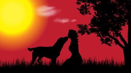 Wall Mural - Vector silhouette of woman with dog in nature at sunset.