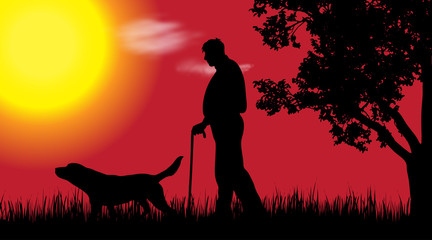 Sticker - Vector silhouette of old man with dog in nature at sunset.