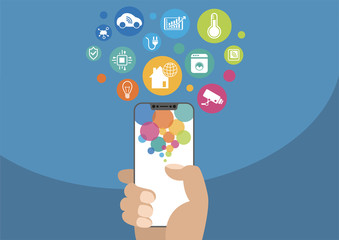 Aufkleber - Smart home automation concept. Vector illustration of hand holding modern bezel-free / frameless smartphone with icons