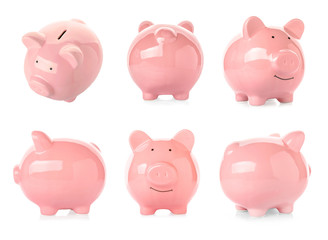 Sticker - Different views of piggy bank on white background