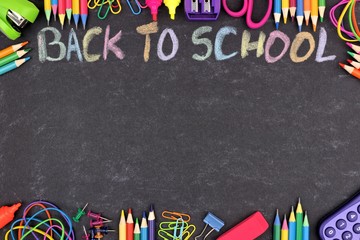 Wall Mural - School supplies double border with Back To School written in colorful chalk with against a chalkboard background