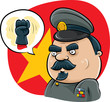 A cartoon dictator with a speech bubble showing a clenched fist.