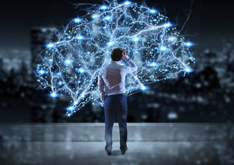 Poster - Businessman watching digital brain interface on a rooftop 3D rendering