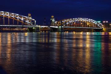 View of the bridge embankment, night view of the Sait-Petersburg