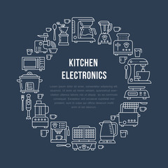 Wall Mural - Kitchen small appliances equipment banner illustration. Vector line icon of household cooking tools - blender mixer, coffee machine, microwave, toaster. Electronics circle template with place for text