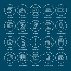 Wall Mural - Kitchen small appliances line icons. Household cooking tools signs. Food preparation equipment - blender, coffee machine, microwave, toaster, meat grinder. Thin linear signs for electronics store.