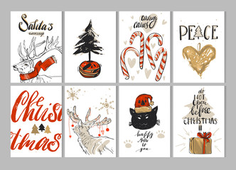 Hand drawn vector Merry Christmas greeting card set with cute deers,cat,gift boxes,Christmas tree in pot,gingerbread heart,candy canes,snowflakes and modern calligraphy phases isolated on white